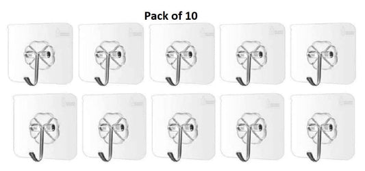 Self Adhesive Wall Hooks, Heavy Duty Sticky Hooks for Hanging 10kg (max), Waterproof Transparent Hooks for Wall (Pack of 10)